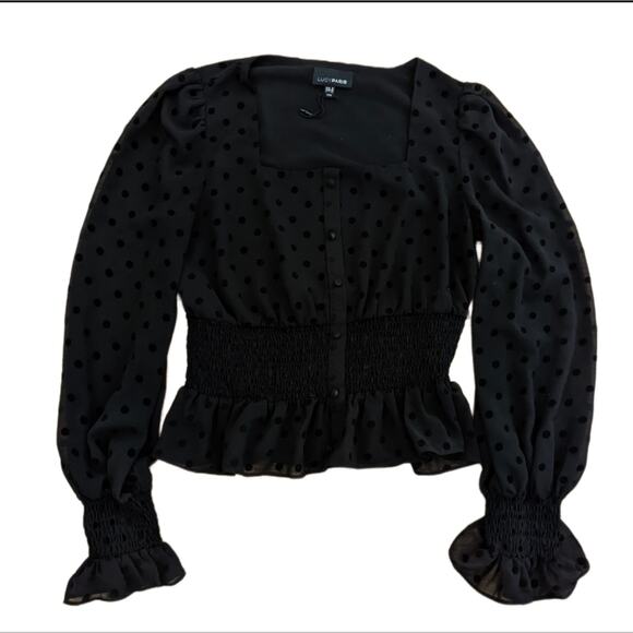 Lucy Paris Black Sheer Polka dot Cropped Long Sleeve Mock Button Down Blouse - Picture 2 of 4